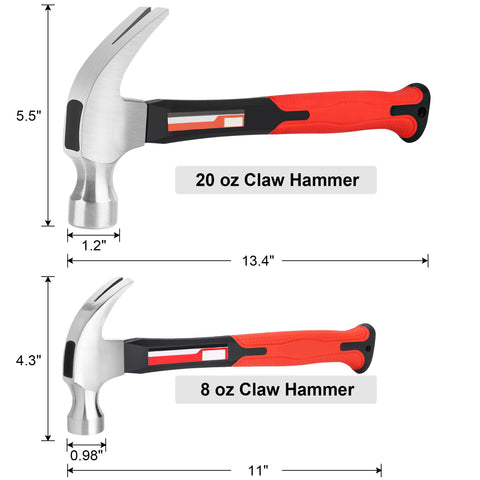 The hot selling item MAXVOLADOR Hammer Set, 8oz & 20oz Claw Hammers, Polished Carbon Steel Hammer-Head & Fiberglass Handle with Rubber Grip