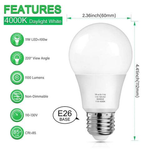 Mlambert 12-Pack A19 LED Light Bulbs, 11W, 4000K, E26 Base