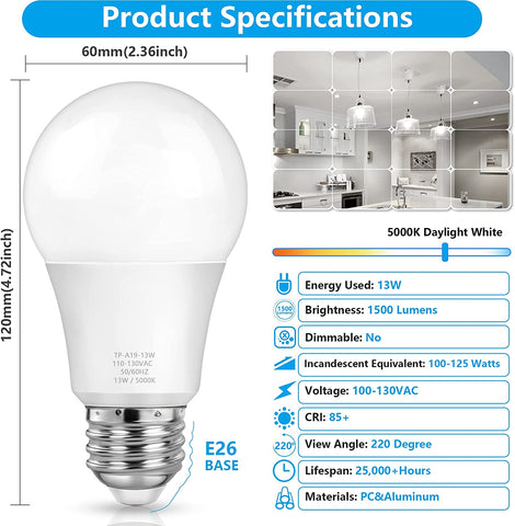 MAXvolador 4-Pack A19 LED Light Bulbs 13W, 2700-6000K, E26 Base