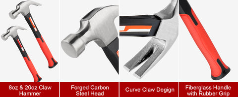 The hot selling item MAXVOLADOR Hammer Set, 8oz & 20oz Claw Hammers, Polished Carbon Steel Hammer-Head & Fiberglass Handle with Rubber Grip