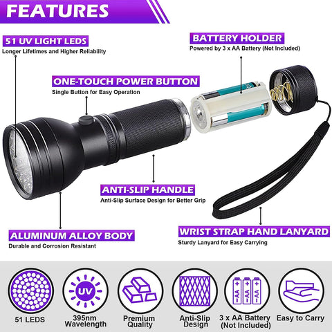 MAXvolador 2-Pack of 51 LED 395nm UV/Blacklight Flashlights