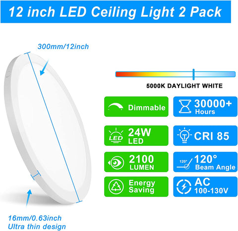 Maxvolador 2-Pack LED Flush Mount Ceiling Light, 12 inch Ceiling Light Fixture, 24W (150W Equivalent), Dimmable 2100lm, Daylight White 5000K, Round Ceiling Lamp