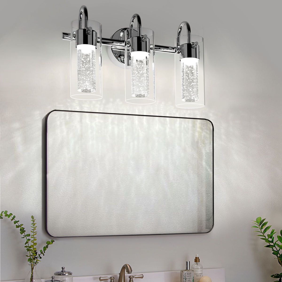 Maxvolador 3-Light LED Vanity Light Fixture, 1500Lumen Dimmable Wall Sconce Lighting, Fashion Bathroom Wall Lights with Crystal Bubble Glass 21W, Cool White Over Mirror Vanity Lamp, Chrome Finish