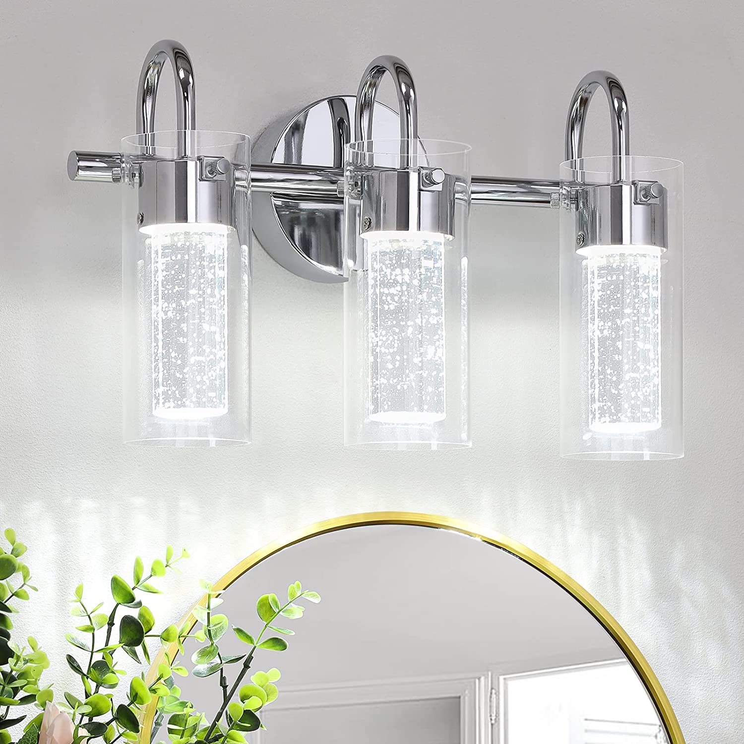 Maxvolador 3-Light LED Vanity Light Fixture, 1500Lumen Dimmable Wall Sconce Lighting, Modern Bathroom Wall Lights with Crystal Bubble Glass 21W, Cool White Over Mirror Vanity Lamp, Chrome Finish