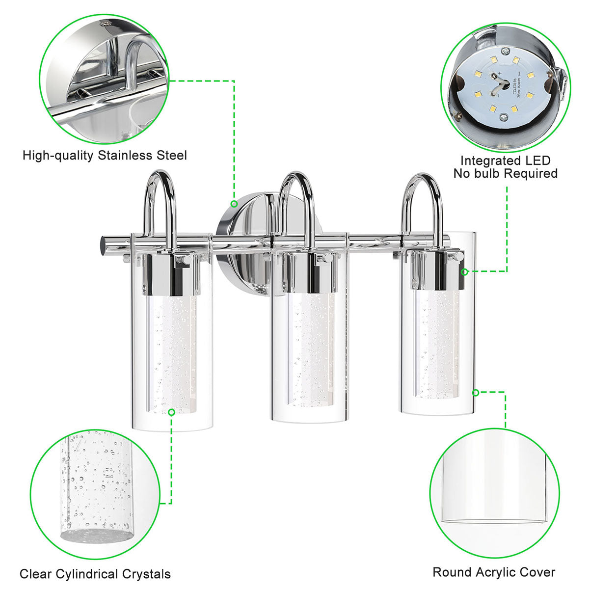 Maxvolador 3-Light LED Vanity Light Fixture, 1500Lumen Dimmable Wall Sconce Lighting, Modern Bathroom Wall Lights with Crystal Bubble Glass 21W, Cool White Over Mirror Vanity Lamp, Chrome Finish, Installation Details