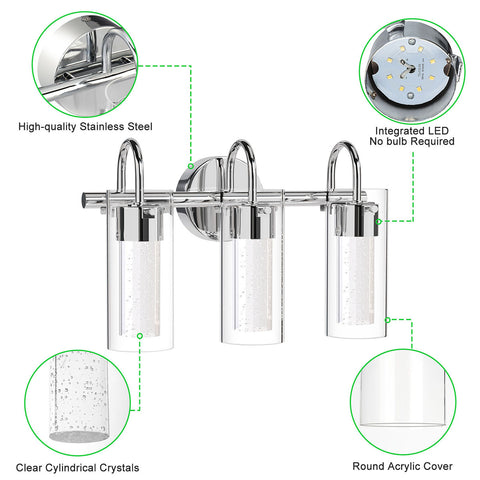 Maxvolador 3-Light LED Vanity Light Fixture, 1500Lumen Dimmable Wall Sconce Lighting, Modern Bathroom Wall Lights with Crystal Bubble Glass 21W, Cool White Over Mirror Vanity Lamp, Chrome Finish, Installation Details