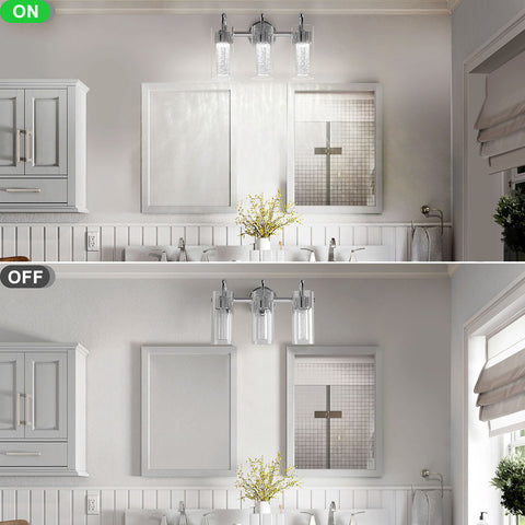 Maxvolador 3-Light LED Vanity Light Fixture, 1500Lumen Dimmable Wall Sconce Lighting, Modern Bathroom Wall Lights with Crystal Bubble Glass 21W, Cool White Over Mirror Vanity Lamp, Chrome Finish, Switch effect display