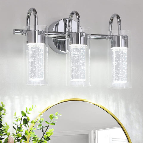 Maxvolador 3-Light LED Vanity Light Fixture, 1500Lumen Dimmable Wall Sconce Lighting, Modern Bathroom Wall Lights with Crystal Bubble Glass 21W, Cool White Over Mirror Vanity Lamp, Chrome Finish