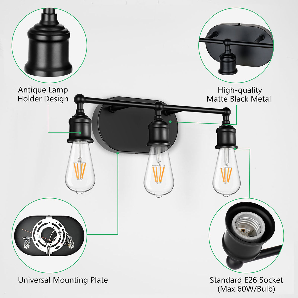Maxvolador 3-Light Vanity Light Fixture, Industrial Wall Sconce Lighting Black, Farmhouse Bathroom Vanity Wall Lights E26 Base, Vintage Metal Indoor Wall Lamp for Living Room, Globe Not Included, installation details