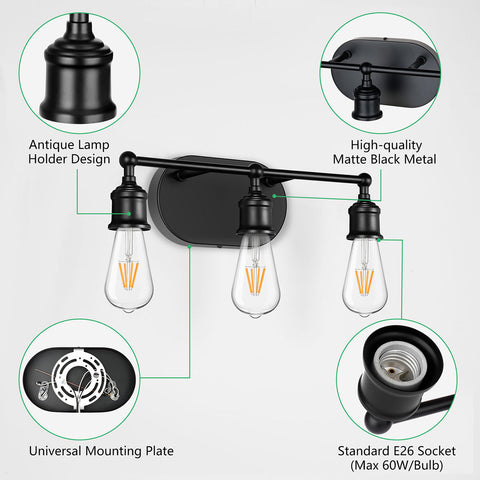 Maxvolador 3-Light Vanity Light Fixture, Industrial Wall Sconce Lighting Black, Farmhouse Bathroom Vanity Wall Lights E26 Base, Vintage Metal Indoor Wall Lamp for Living Room, Globe Not Included, installation details