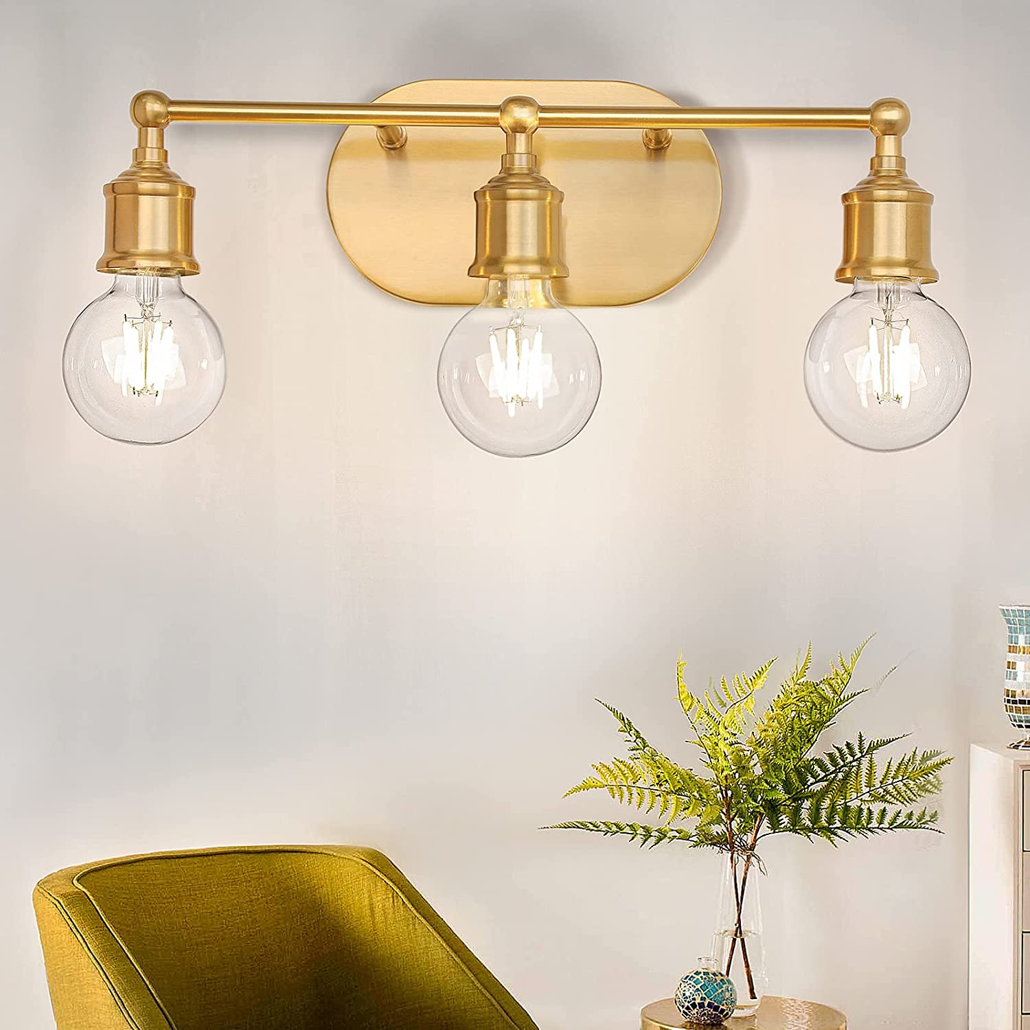 Maxvolador 3-Light Vanity Light Fixture, Industrial Wall Sconce Lighting Gold, Farmhouse Bathroom Vanity Wall Lights E26 Base, Vintage Metal Indoor Wall Lamp for Living Room, Globe Not Included
