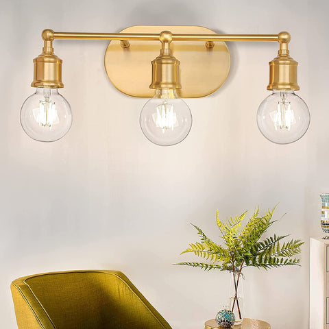 Maxvolador 3-Light Vanity Light Fixture, Industrial Wall Sconce Lighting Gold, Farmhouse Bathroom Vanity Wall Lights E26 Base, Vintage Metal Indoor Wall Lamp for Living Room, Globe Not Included