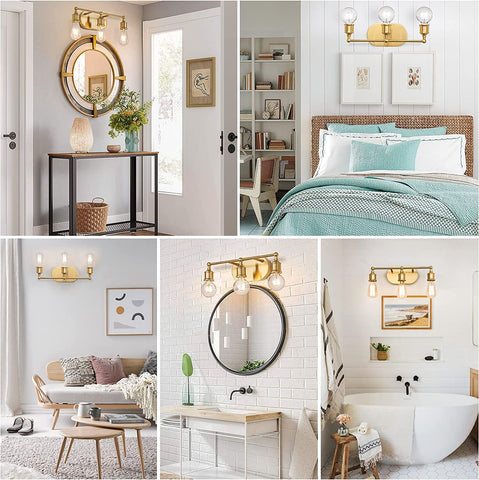 Maxvolador 3-Light Vanity Light Fixture, Industrial Wall Sconce Lighting Gold, Farmhouse Bathroom Vanity Wall Lights E26 Base, Vintage Metal Indoor Wall Lamp for Living Room bathroom bedroom, Globe Not Included