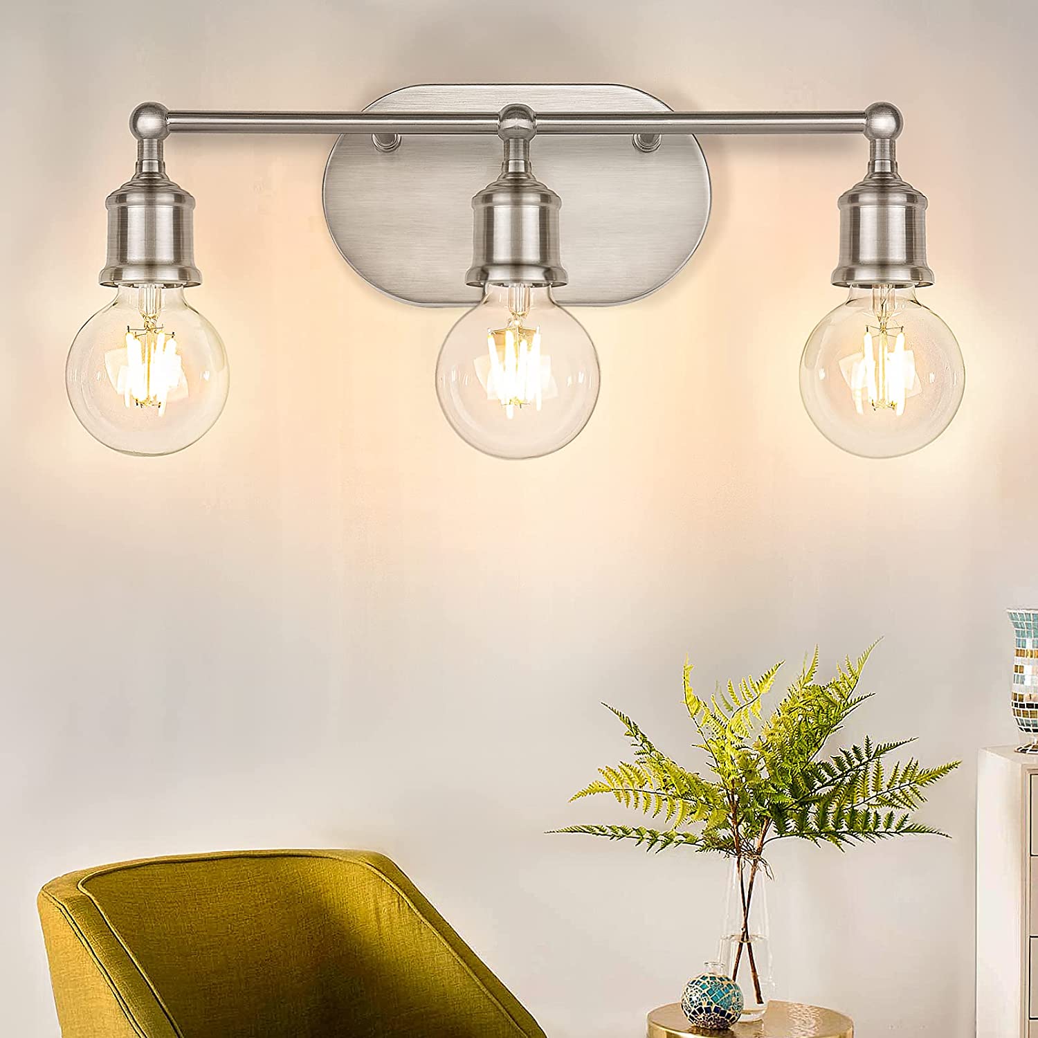 Maxvolador 3-Light Vanity Light Fixture, Industrial Wall Sconce Lighting Silver, Farmhouse Bathroom Vanity Wall Lights E26 Base, Vintage Metal Indoor Wall Lamp for Living Room, Globe Not Included