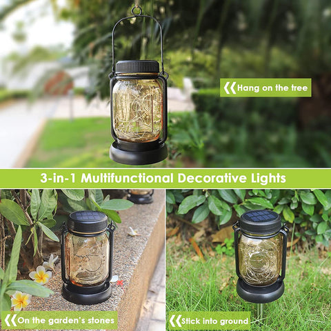 Maxvolador 4 Pack Solar Hanging Mason Jar Lights with Stakes, Outdoor Waterproof Decorative Solar Lantern Table Lamp, Vintage Glass Jar Starry Fairy Light with 30 LEDs.3-in-1 Multifunctional Decorative lights