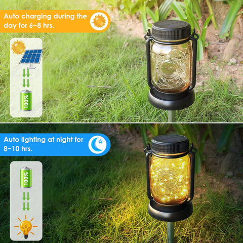 Maxvolador 4 Pack Solar Hanging Mason Jar Lights with Stakes, Outdoor Waterproof Decorative Solar Lantern Table Lamp, Vintage Glass Jar Starry Fairy Light with 30 LEDs.Auto lighting at night for 8-10hrs