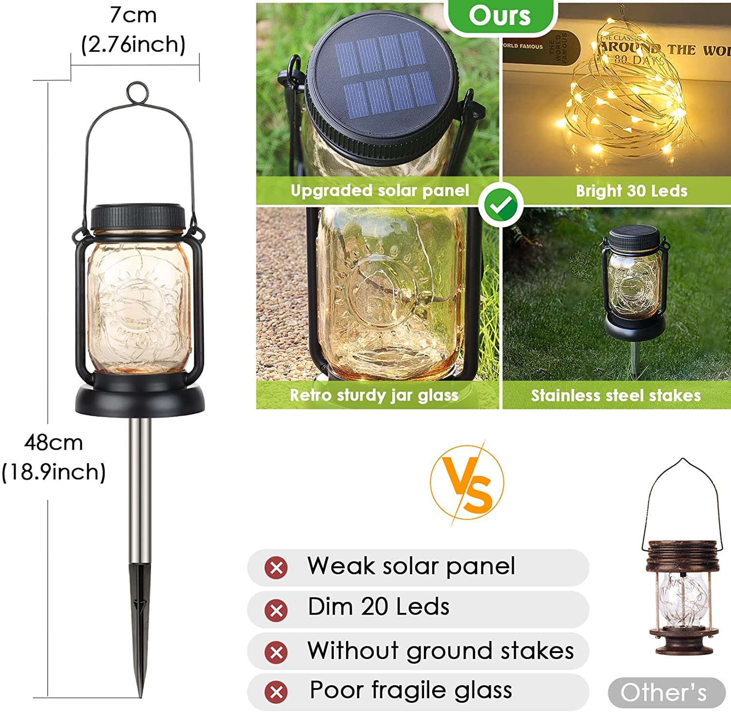 Maxvolador 4 Pack Solar Hanging Mason Jar Lights with Stakes, Outdoor Waterproof Decorative Solar Lantern Table Lamp, Vintage Glass Jar Starry Fairy Light with 30 LEDs.Standard size