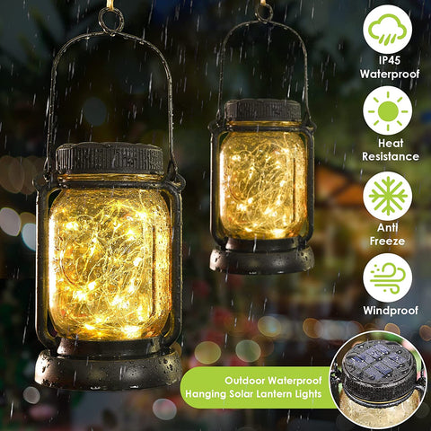 Maxvolador 4 Pack Solar Hanging Mason Jar Lights with Stakes, Outdoor Waterproof Decorative Solar Lantern Table Lamp, Vintage Glass Jar Starry Fairy Light with 30 LEDs