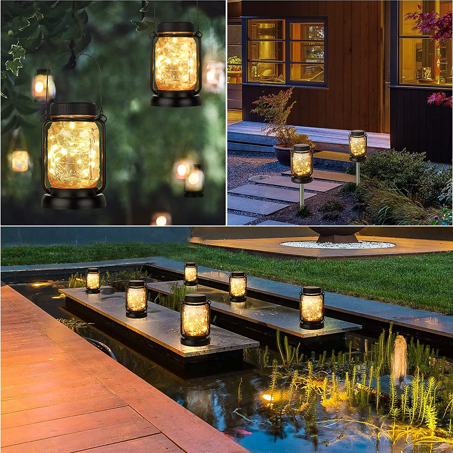 Maxvolador 4 Pack Solar Hanging Mason Jar Lights with Stakes, Outdoor Waterproof Decorative Solar Lantern Table Lamp, Vintage Glass Jar Starry Fairy Light with 30 LEDs for Patio Garden Tree 