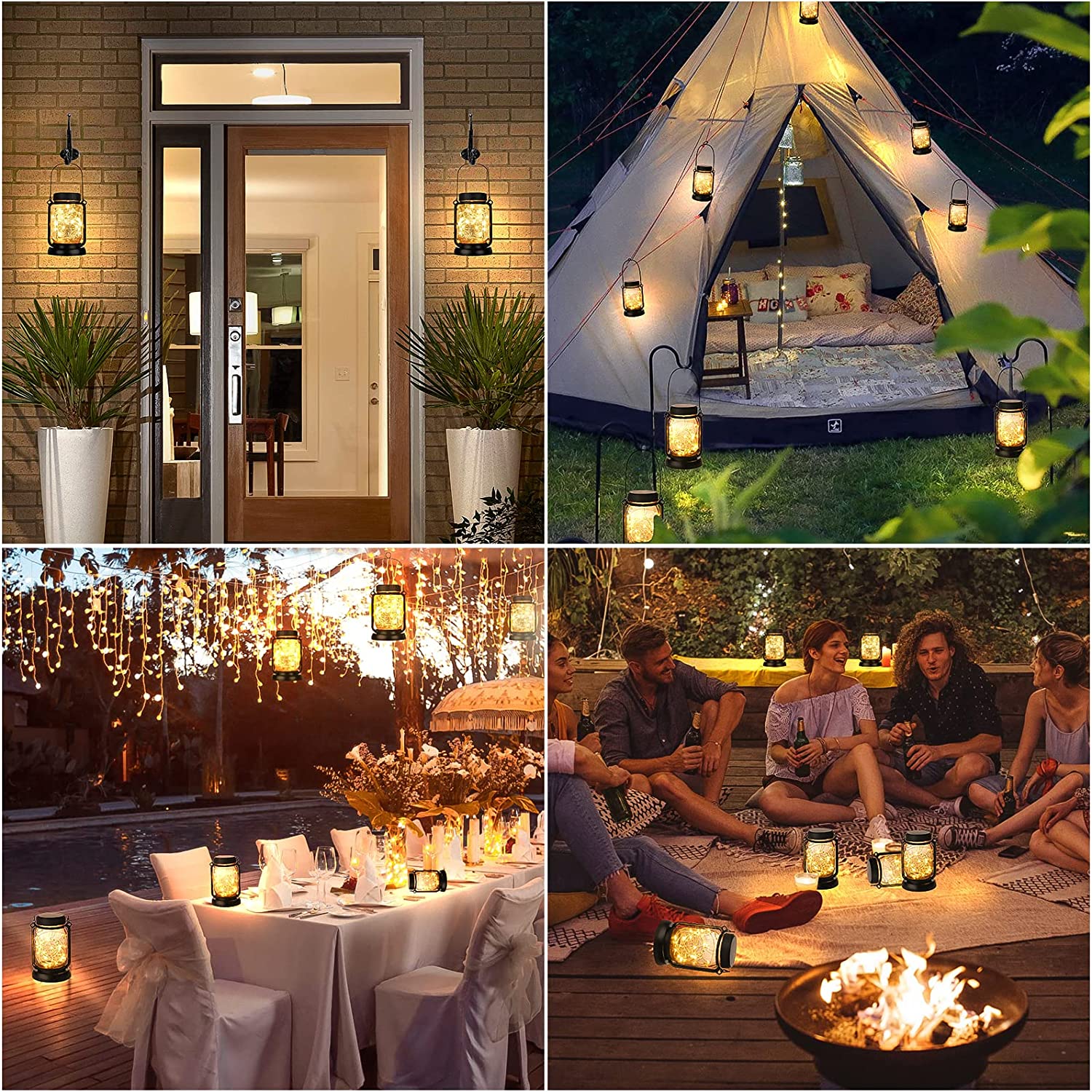 Maxvolador 4 Pack Solar Hanging Mason Jar Lights with Stakes, Outdoor Waterproof Decorative Solar Lantern Table Lamp, Vintage Glass Jar Starry Fairy Light with 30 LEDs for Patio Garden Tree Party