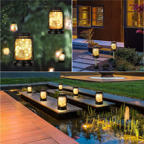 Maxvolador 4 Pack Solar Hanging Mason Jar Lights with Stakes, Outdoor Waterproof Decorative Solar Lantern Table Lamp, Vintage Glass Jar Starry Fairy Light with 30 LEDs for Patio Garden Tree 