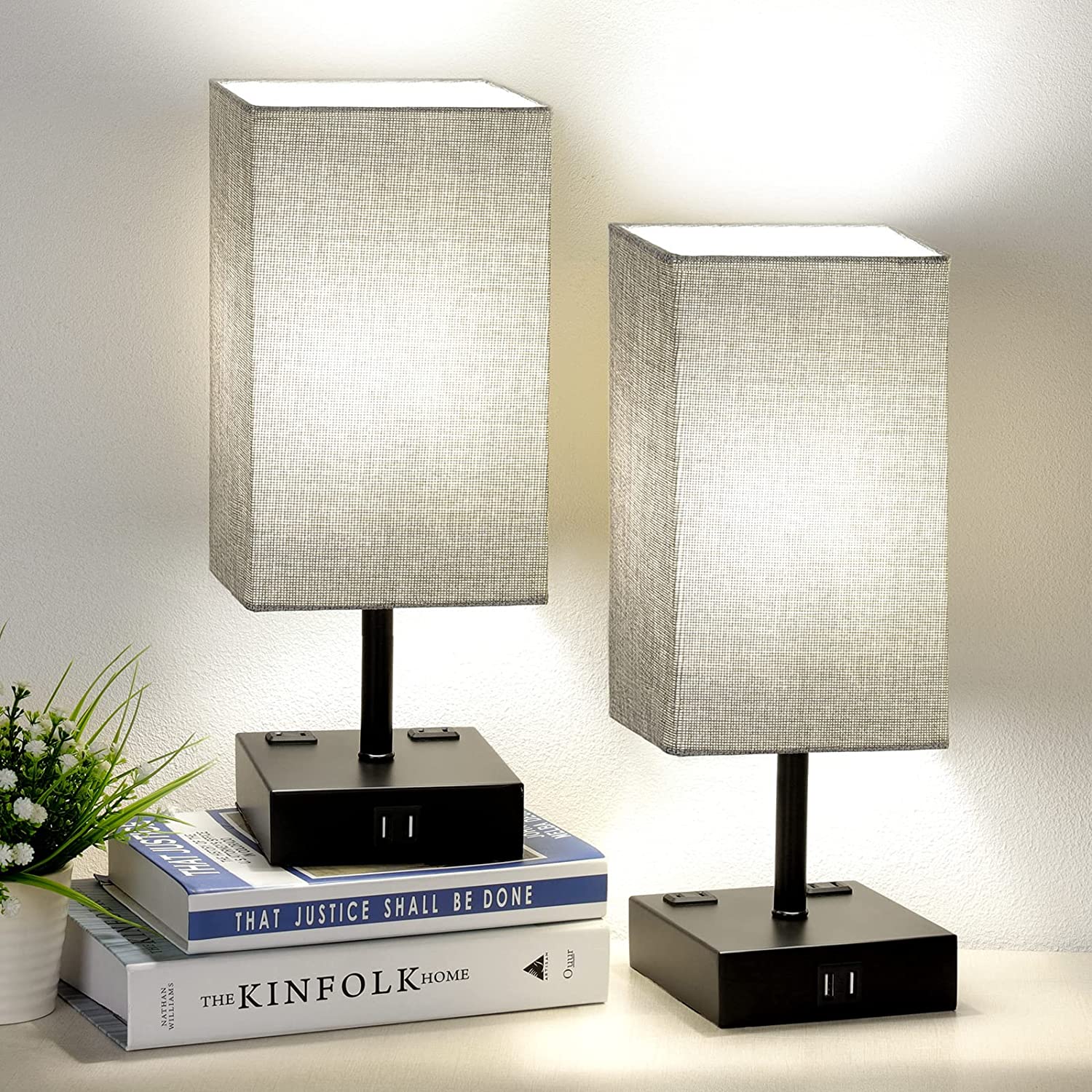 MAXvolador Bedside Table Lamp, Touch Control Table Lamp with 3-Way Dimmable, 2 USB Ports, 2 AC Outlets, 4000K LED Bulbs, Gray Fabric Shade for Nightstand, Bedroom, Livingroom, Office
