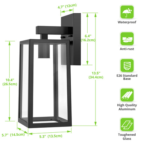 MAXvolador Outdoor Wall Sconce, Exterior Waterproof Wall Lantern Light Fixtures, Black Porch Lights with Toughened Glass Shade, Anti-Rust E26 Socket Front Door Wall Mount Lighting for Garage, 2Pack，Standard size