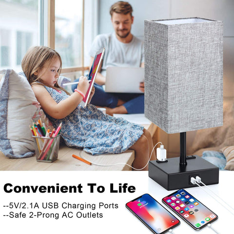 MAXvolador Touch Control Table Lamp, 3 Way Dimmable Bedside Desk Lamps with 2 USB Charging Ports 2 AC Outlets,Grey Fabric Shade Modern Nightlight for Bedroom Living Room, ST64 LED Bulbs Included,Set of 2