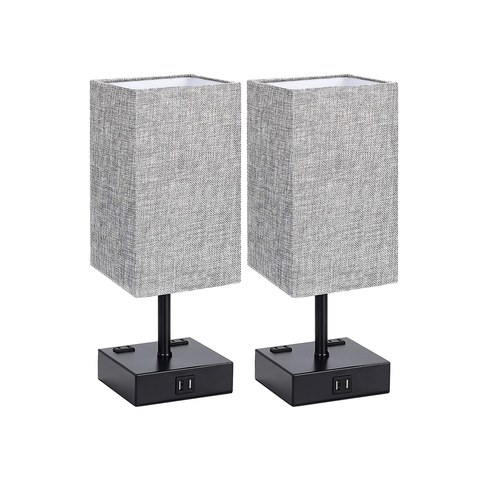 MAXvolador Touch Control Table Lamp, 3 Way Dimmable Bedside Desk Lamps with 2 USB Charging Ports 2 AC Outlets,Grey Fabric Shade Modern Nightlight for Bedroom, ST64 LED Bulbs Included,Set of 2