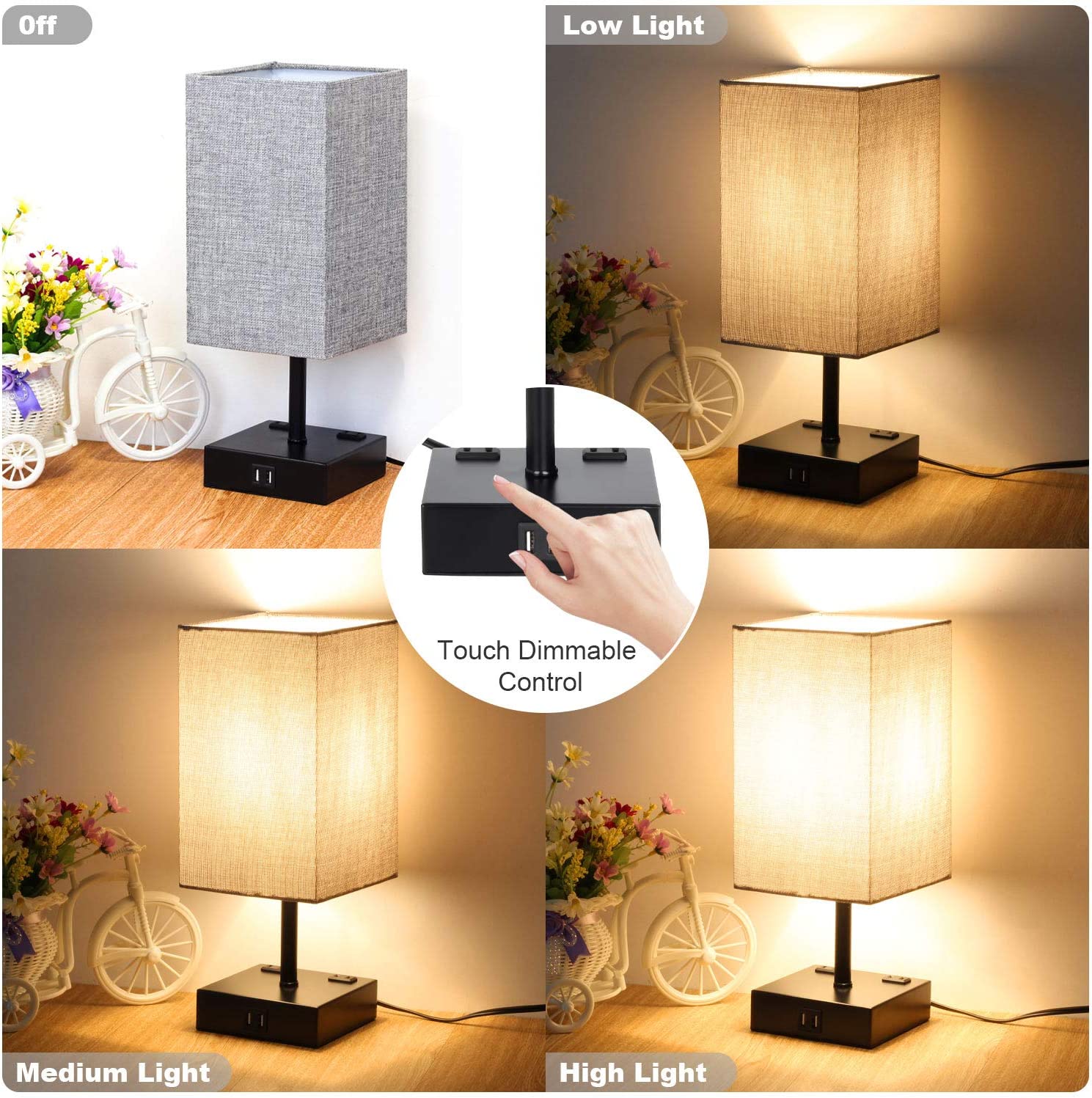 MAXvolador Touch Control Table Lamp, 3 Way Dimmable Bedside Desk Lamps with 2 USB Charging Ports 2 AC Outlets,Grey Fabric Shade Modern Nightlight for Bedroom, ST64 LED Bulbs Included,Set of 2，3 modes