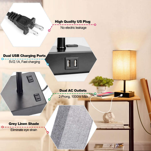 MAXvolador Touch Control Table Lamp, 3 Way Dimmable Bedside Desk Lamps with 2 USB Charging Ports 2 AC Outlets,Grey Fabric Shade Modern Nightlight for Bedroom, ST64 LED Bulbs Included,Set of 2,Detailed description
