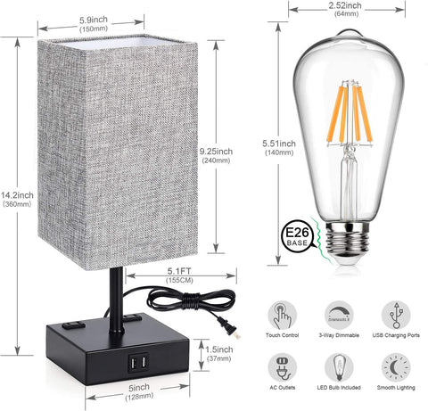 MAXvolador Touch Control Table Lamp, 3 Way Dimmable Bedside Desk Lamps with 2 USB Charging Ports 2 AC Outlets,Grey Fabric Shade Modern Nightlight for Bedroom, ST64 LED Bulbs Included,Set of 2,Standard size