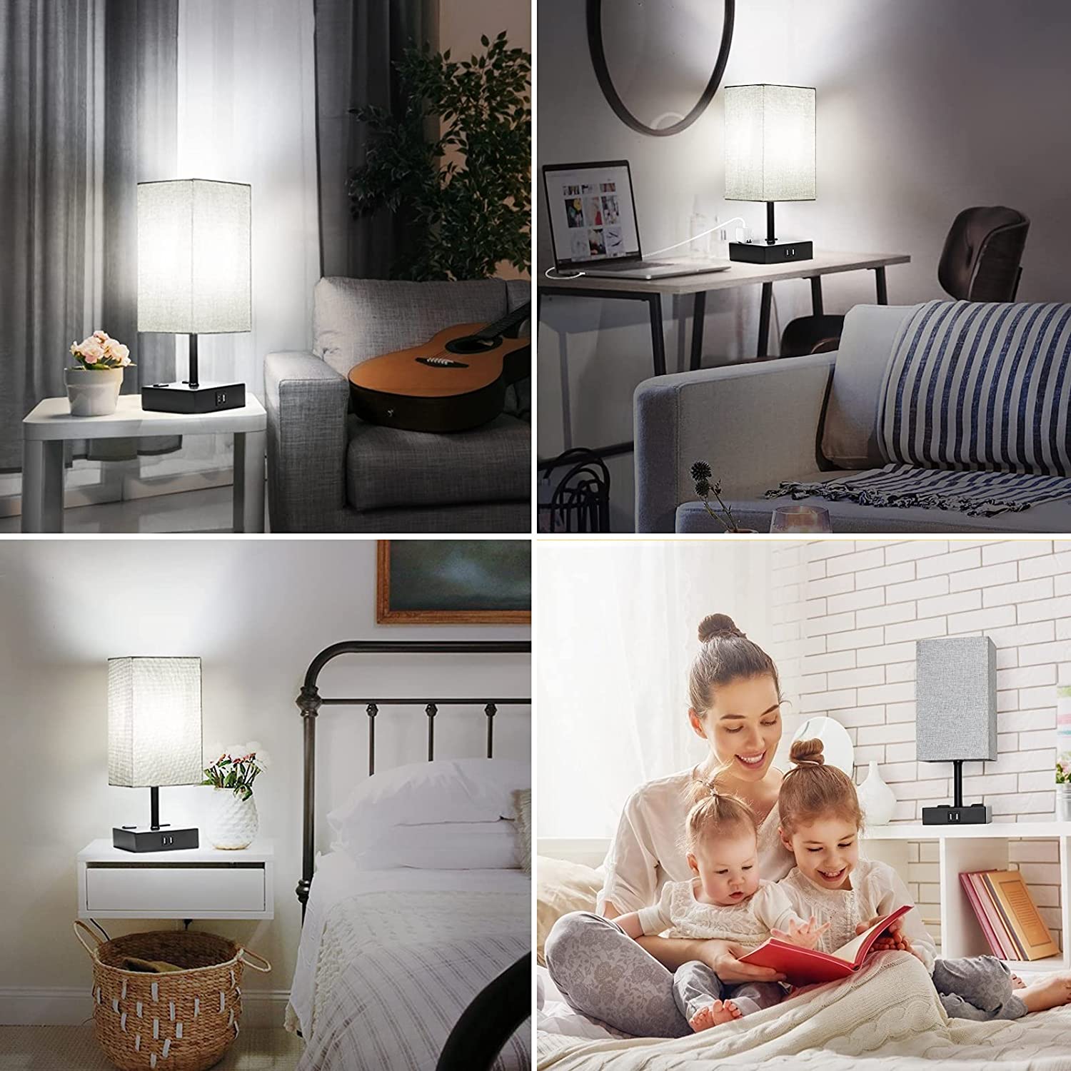 MAXvolador Touch Control Table Lamp, 3 Way Dimmable Nightstand Lamp with 2 USB Charging Port, 2 AC Outlets, Dual 5000K LED Bulbs, Grey Fabric Shade Modern Bedside Lamp for Bedroom Living Room(Pack of 2)