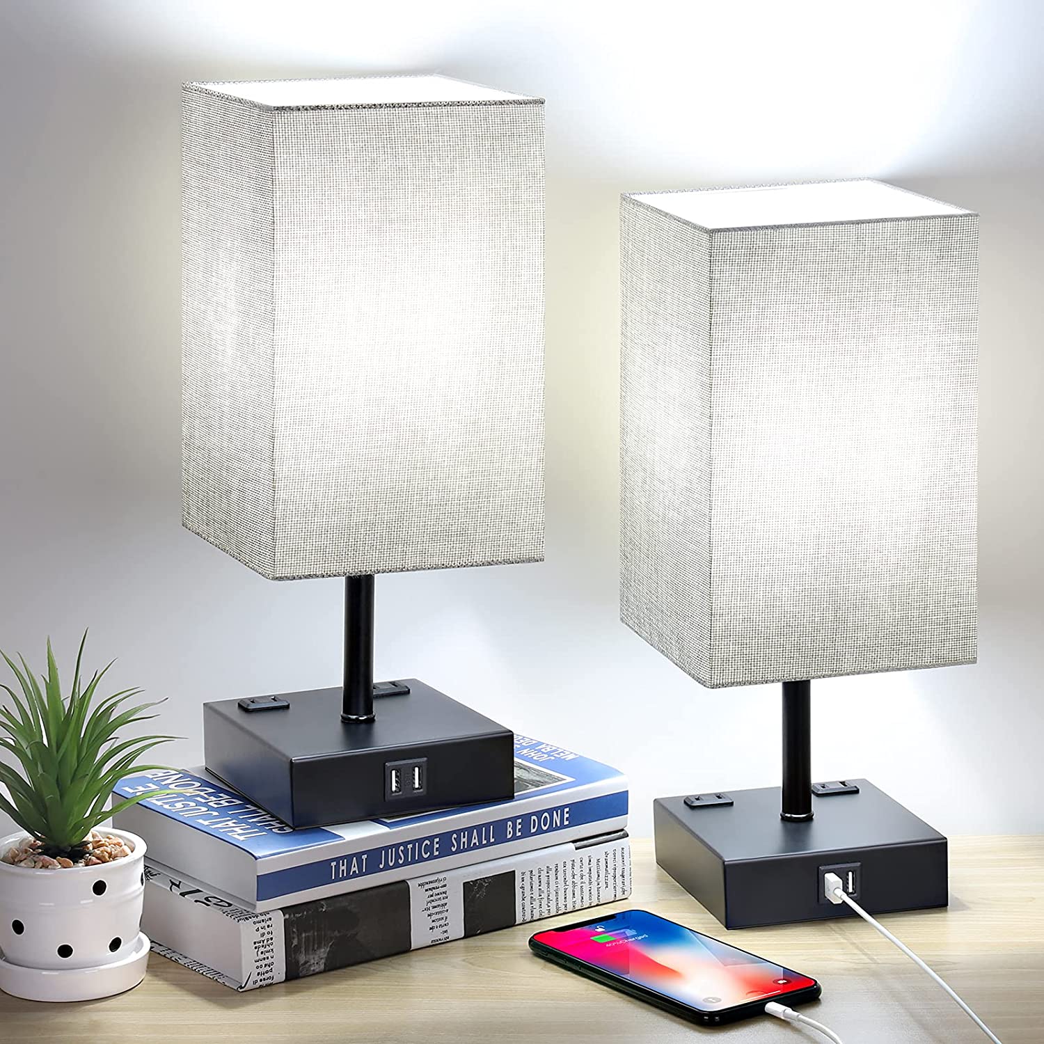 MAXvolador Touch Control Table Lamp, 3 Way Dimmable Nightstand Lamp with 2 USB Charging Port, 2 AC Outlets, Dual 5000K LED Bulbs, Grey Fabric Shade Modern Bedside Lamp for Bedroom(Pack of 2)
