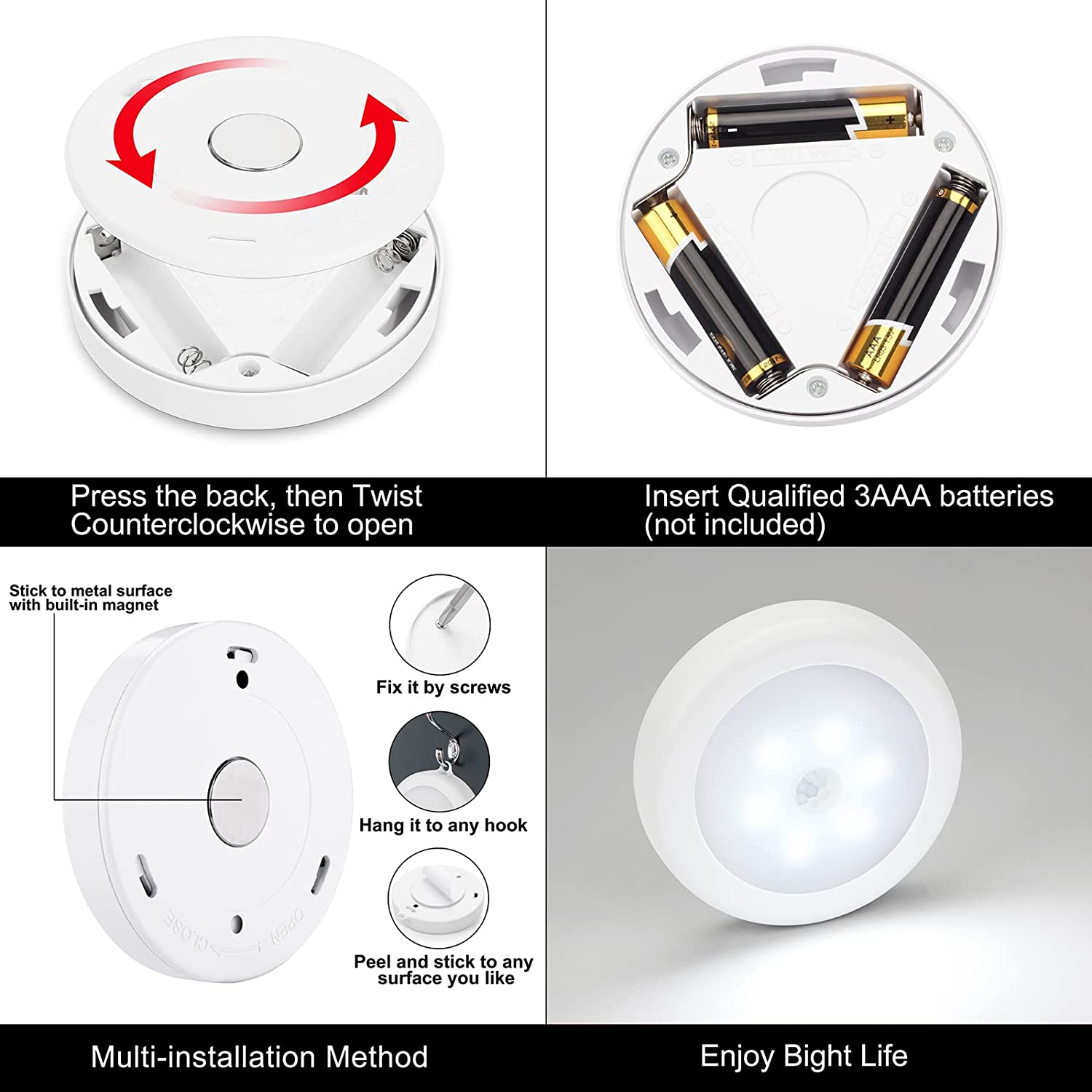 MAXvolador Upgraded Motion Sensor LED Night Light, Non-Fall Cordless Battery-Powered Wall Light, Stick-on Magnet Closet Lights, Safe Lights for Stairs, Hallway, Kitchen, Cabinet (10Pack, White),Enjoy bight life