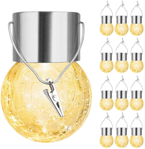 Maxvolador 12-Pack Hanging Solar Lights Outdoor, Decorative Cracked Glass Ball Light, Solar Powered Waterproof Globe Lighting with Handle for Garden, Yard, Patio, Tree, Holiday Decoration(Warm White)