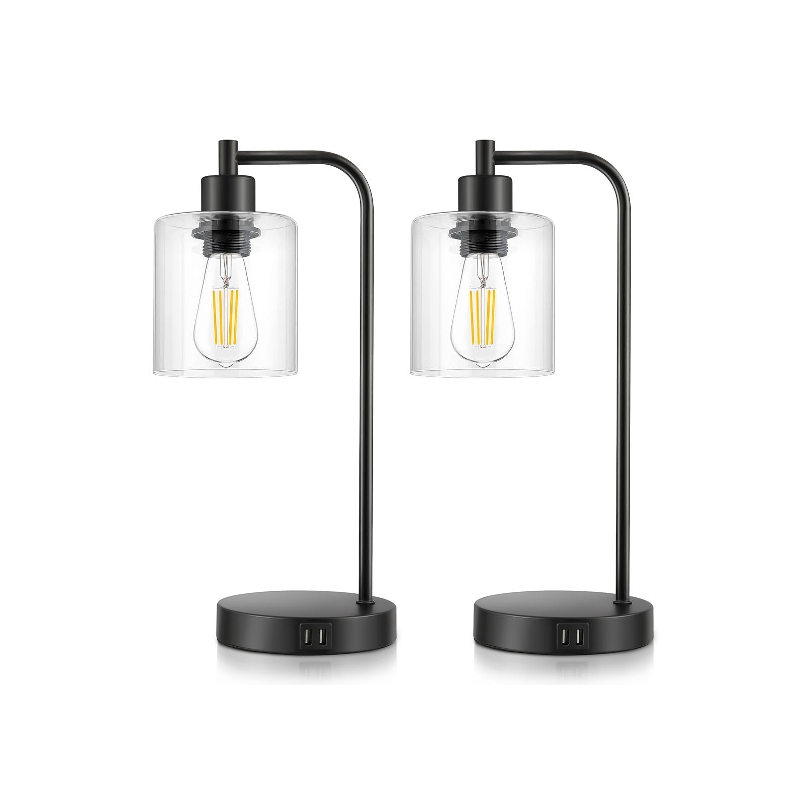 Maxvolador 2-Pack Industrial Touch Control Table Lamp, 3 Way Dimmable 2 USB Charging Ports Bedside Nightstand Reading Lamp with Clear Glass Shade, 6W 2700K LED Bulb for Bedroom, Living Room