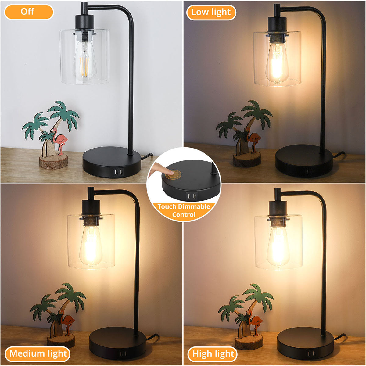 Maxvolador 2-Pack Industrial Touch Control Table Lamp, 3 Way Dimmable 2 USB Charging Ports Bedside Nightstand Reading Lamp with Clear Glass Shade, 6W 2700K LED Bulb for Bedroom, Living Room 3 modes