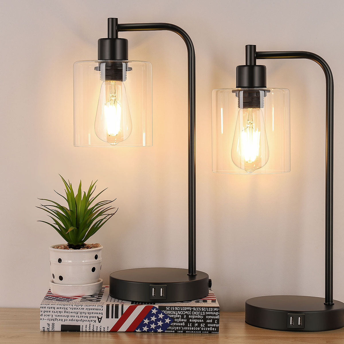 Maxvolador 2-Pack Industrial Touch Control Table Lamp, 3 Way Dimmable 2 USB Charging Ports Bedside Nightstand Reading Lamp with Clear Glass Shade, 6W 2700K LED Bulb for Bedroom, Living Room study