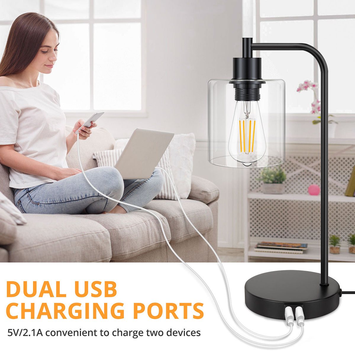 Maxvolador 2-Pack Industrial Touch Control Table Lamp, 3 Way Dimmable 2 USB Charging Ports Bedside Nightstand Reading Lamp with Clear Glass Shade, 6W 2700K LED Bulb for Living Room Study， 3 modes