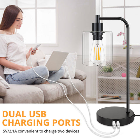 Maxvolador 2-Pack Industrial Touch Control Table Lamp, 3 Way Dimmable 2 USB Charging Ports Bedside Nightstand Reading Lamp with Clear Glass Shade, 6W 2700K LED Bulb for Living Room Study， 3 modes