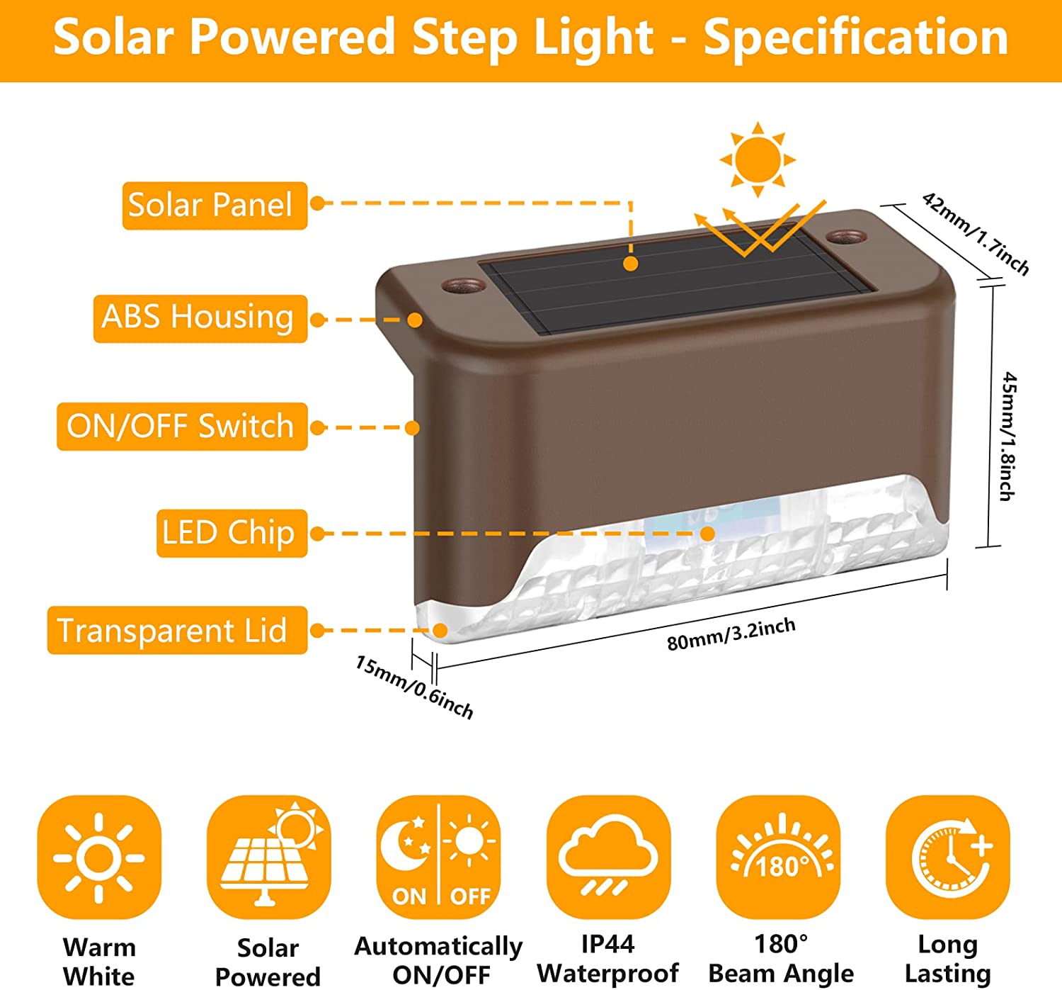 Maxvolador 20-Pack Solar Deck Lights, Solar Powered Step Light Waterproof, LED Outdoor Fence Lighting Bronze Finished for  Stairs Decks Patio Path Yard Garden Decor, Warm White，Solar powered step light-specification