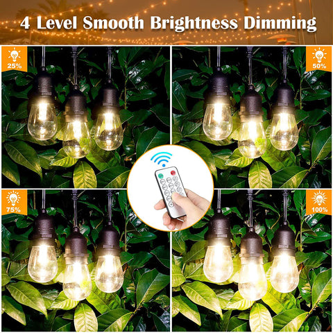 Maxvolador 3-Color in 1 Dimmable Solar String Lights Outdoor,48ft LED Patio String Lights with Remotes,15 Hanging Sockets,Waterproof Shatterproof,Warm White Daylight White Lights.4 level smooth brightness dimming