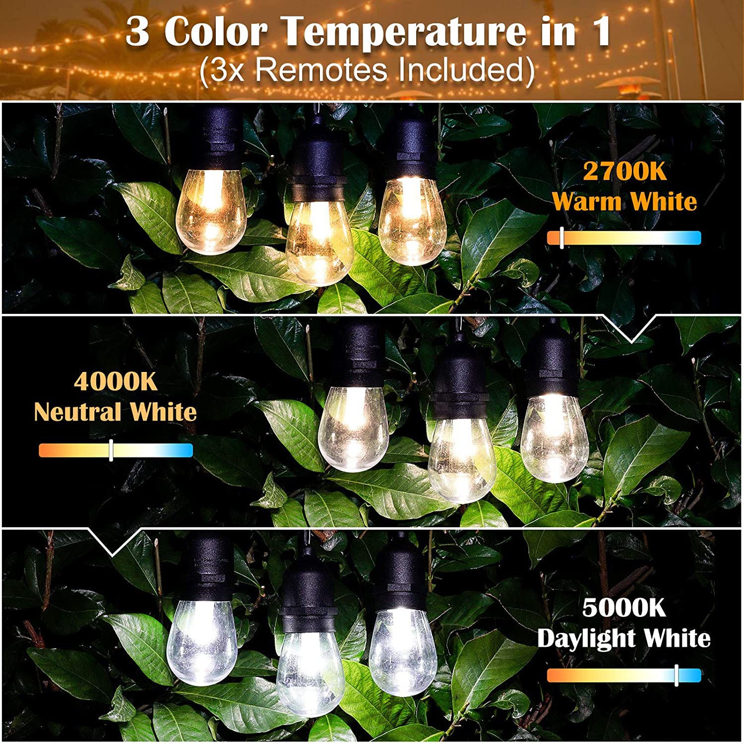 Maxvolador 3-Color in 1 Dimmable Solar String Lights Outdoor,48ft LED Patio String Lights with Remotes,15 Hanging Sockets,Waterproof Shatterproof,Warm White Daylight White Lights, 3 color temperature in 1