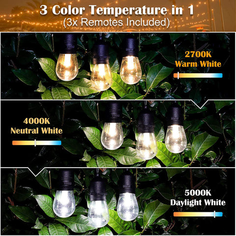 Maxvolador 3-Color in 1 Dimmable Solar String Lights Outdoor,48ft LED Patio String Lights with Remotes,15 Hanging Sockets,Waterproof Shatterproof,Warm White Daylight White Lights, 3 color temperature in 1