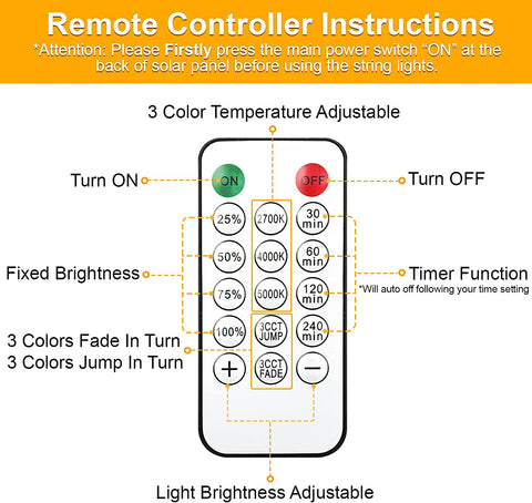 Maxvolador 3-Color in 1 Dimmable Solar String Lights Outdoor,48ft LED Patio String Lights with Remotes,15 Hanging Sockets,Waterproof Shatterproof,Warm White Daylight White Lights, remote controller instructions