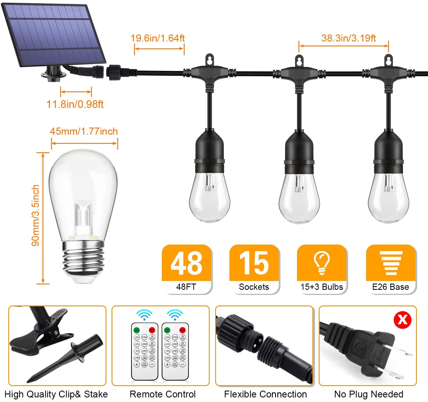 Maxvolador 3-Color in 1 Dimmable Solar String Lights Outdoor,48ft LED Patio String Lights with Remotes,15 Hanging Sockets,Waterproof Shatterproof,Warm White Daylight White Lights, standard size