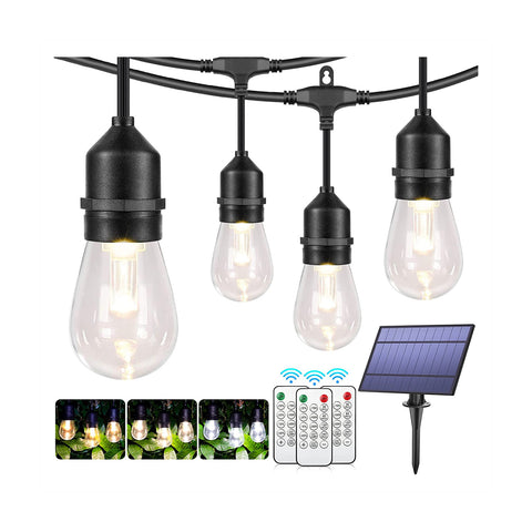 Maxvolador 3-Color in 1 Dimmable Solar String Lights Outdoor,48ft LED Patio String Lights with Remotes,15 Hanging Sockets,Waterproof Shatterproof,Warm White Daylight White Lights for Backyard,Garden