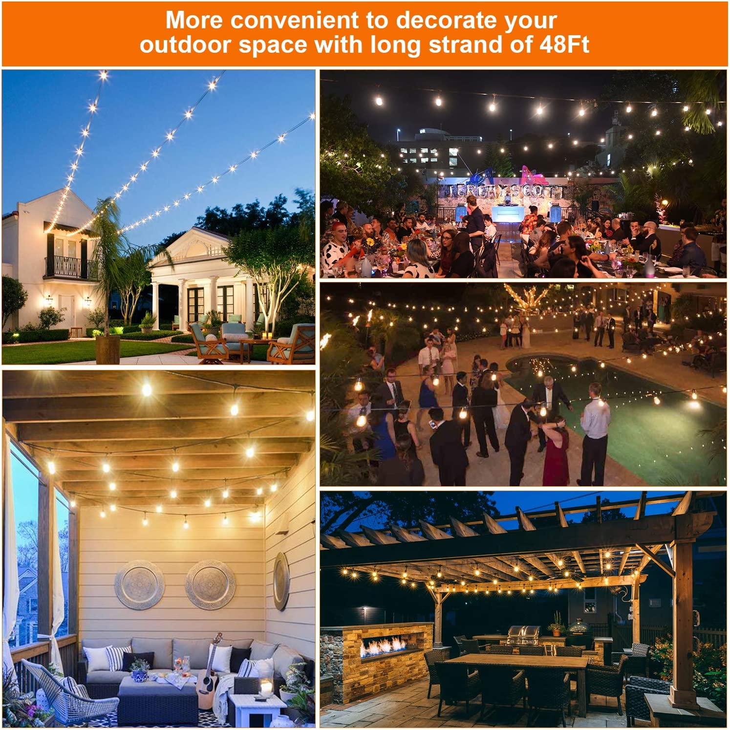 Maxvolador 3-Color in 1 Dimmable Solar String Lights Outdoor,48ft LED Patio String Lights with Remotes,15 Hanging Sockets,Waterproof Shatterproof,Warm White Daylight White Lights for Backyard,for wedding