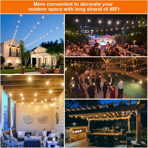Maxvolador 3-Color in 1 Dimmable Solar String Lights Outdoor,48ft LED Patio String Lights with Remotes,15 Hanging Sockets,Waterproof Shatterproof,Warm White Daylight White Lights for Backyard,for wedding